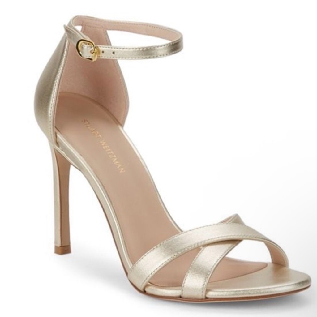 $500 Stuart Weitzman Cross-Strap Stiletto Platino Nudistsong Sz 9.5